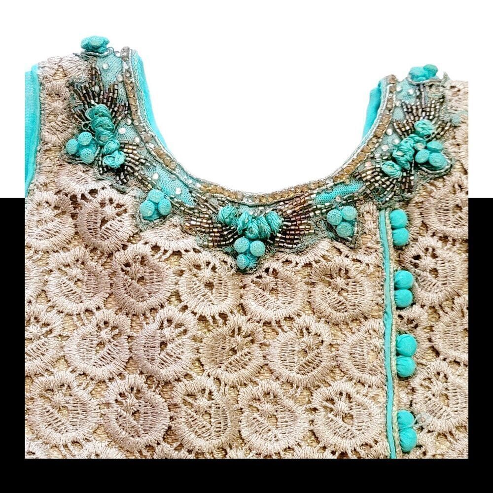 Beautiful Turquoise Blue And Gold Girls Dress Hand Embroidered Front Net Sleeves - Picture 4 of 11